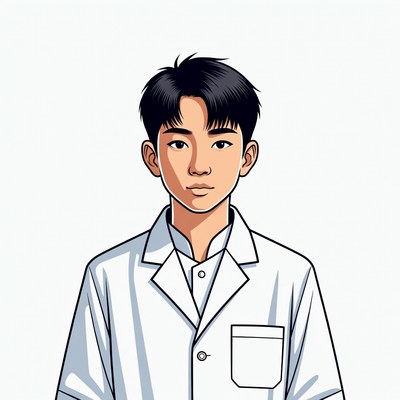 Asian man in white lab coat