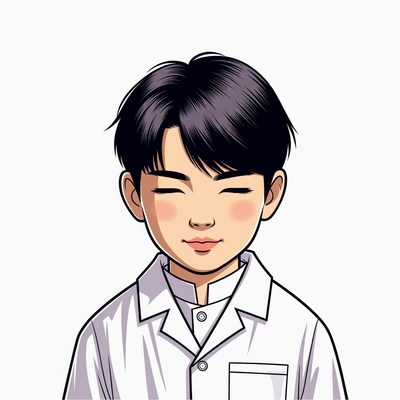 Asian boy in lab coat smiling