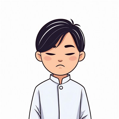 Asian boy pouting in white shirt