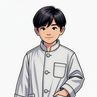 Asian boy in white Chinese jacket
