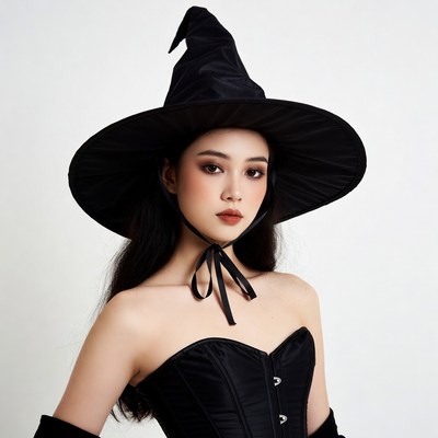 Asian woman in black witch costume