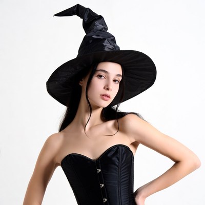 Woman in black witch hat and corset