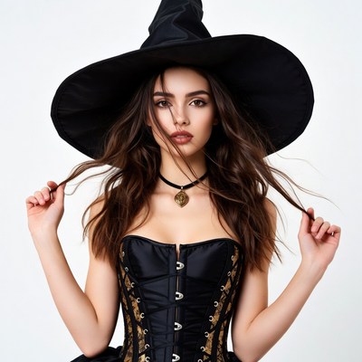 Woman in black witch hat corset