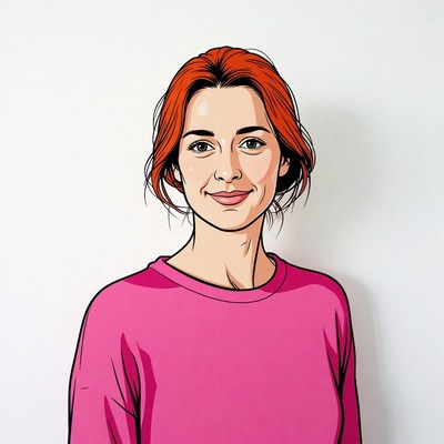 Smiling redhead woman in pink sweater