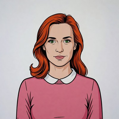 Redhead woman in pink sweater