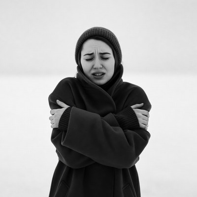 Woman shivering in snow wearing beanie