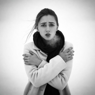 Woman shivering in cold wind