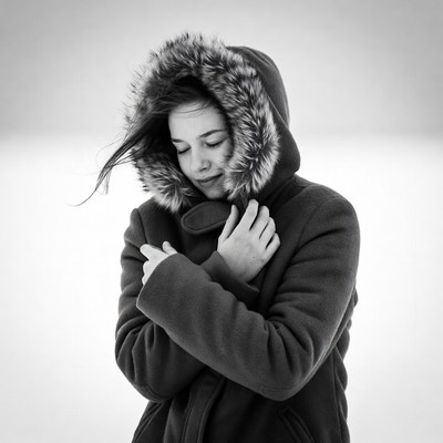 Woman in fur hood hugging herself cold