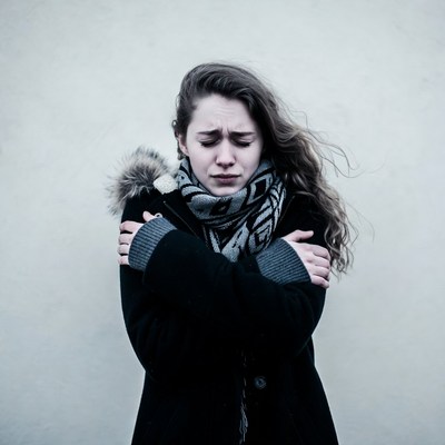 Young woman shivering in cold coat