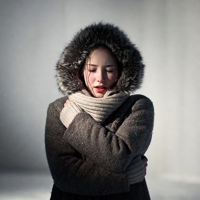 Asian woman in fur hood scarf