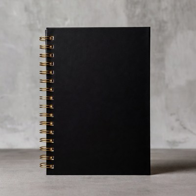 Black Spiral Notebook on Gray Background