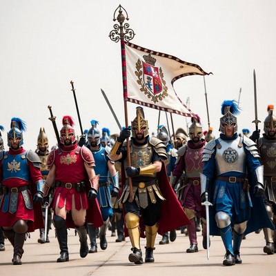 Knights marching with banner