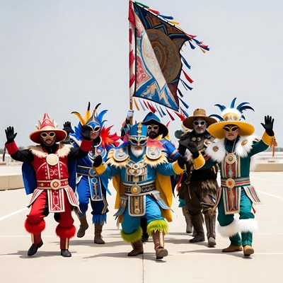 Men in colorful fantasy costumes with flag