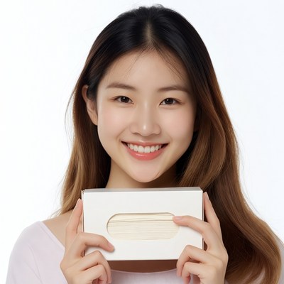 Asian woman holding tissue box