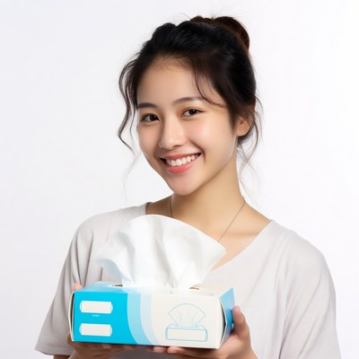 Asian woman holding blue tissue box