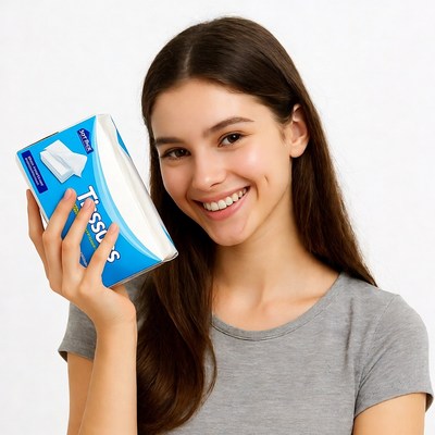 Young woman holding Kleenex tissues