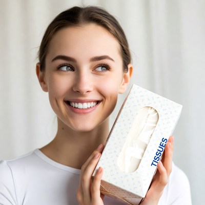 Smiling woman holding tissue box