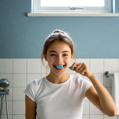 Girl brushing teeth in bathroom