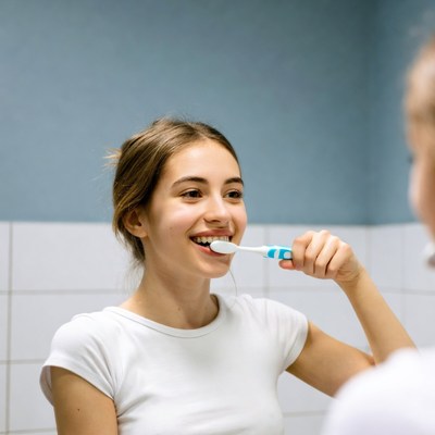 Young woman brushing teeth
