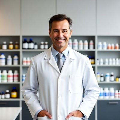 Smiling male doctor in pharmacy