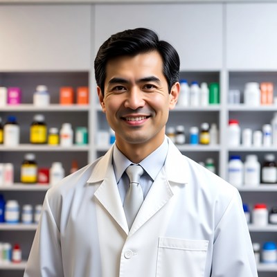 Asian male pharmacist smiling in pharmacy