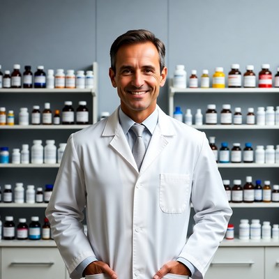 Smiling male doctor in pharmacy