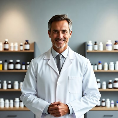Smiling male pharmacist in lab coat