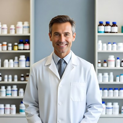 Smiling male doctor in pharmacy