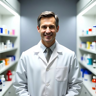 Smiling male pharmacist in lab coat