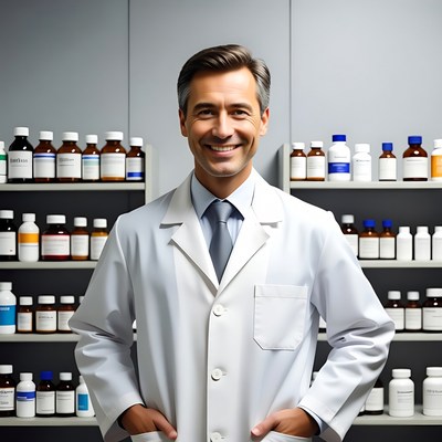 Smiling male doctor in pharmacy