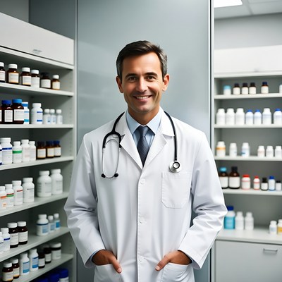 Smiling male doctor in pharmacy