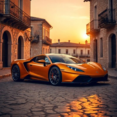 Orange Supercar Parked on Cobblestone Street at Sunset