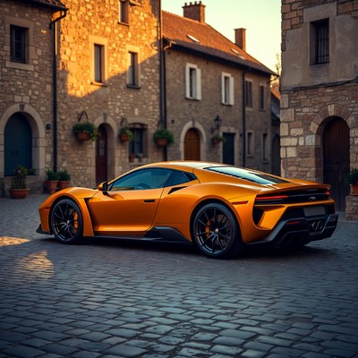 Orange Supercar Parked in Stone Village Square