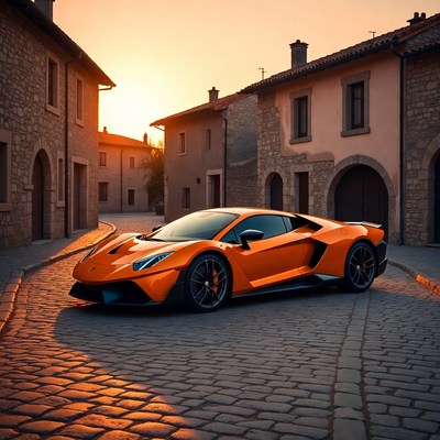 Orange Lamborghini Aventador on Cobblestone Street