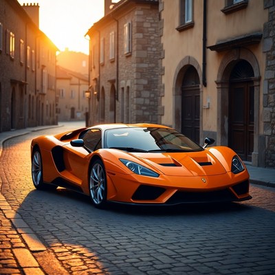 Orange Lamborghini parked on cobblestone street