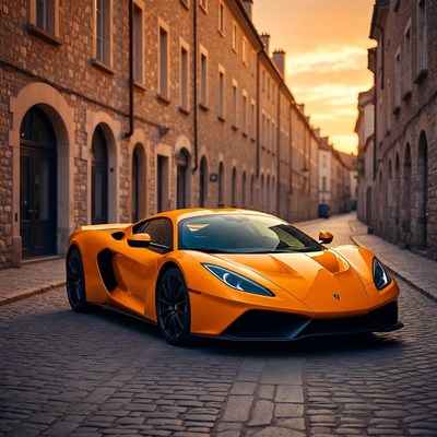 Orange Supercar Parked in Sunset Street