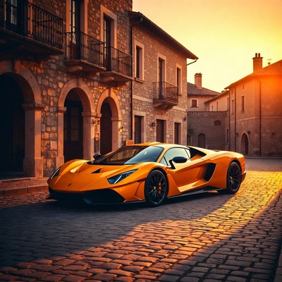 Orange Lamborghini parked on cobblestone street