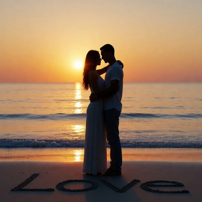 Silhouette couple embracing at sunset beach