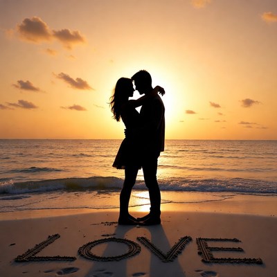 Silhouette couple kissing at sunset beach