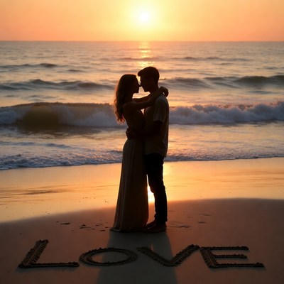 Silhouette couple embracing at sunset beach