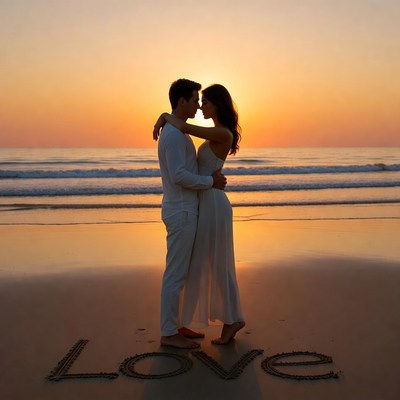 Couple kissing at sunset beach