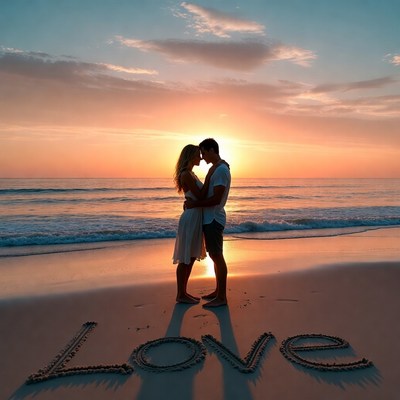 Couple hugging at sunset beach with LOVE