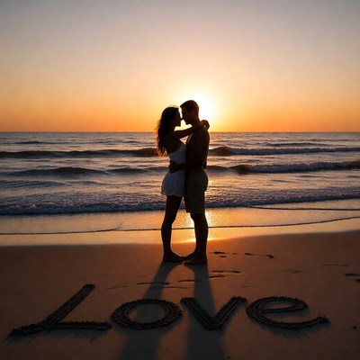 Silhouette couple embracing at sunset beach