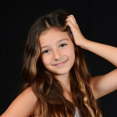 Smiling girl hand on head