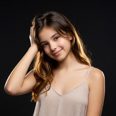 Smiling girl hand on head