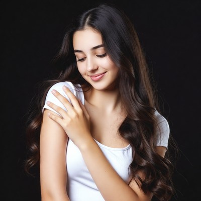 Smiling woman with long dark hair