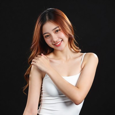 Smiling Asian woman in white camisole