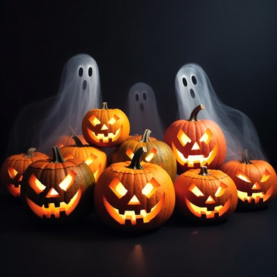 Jack-o'-lanterns and Ghosts on Black Background