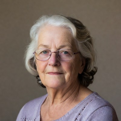 Elderly woman with glasses smiling