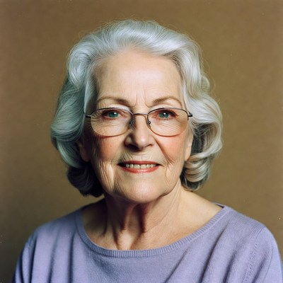 Elderly woman with glasses smiling